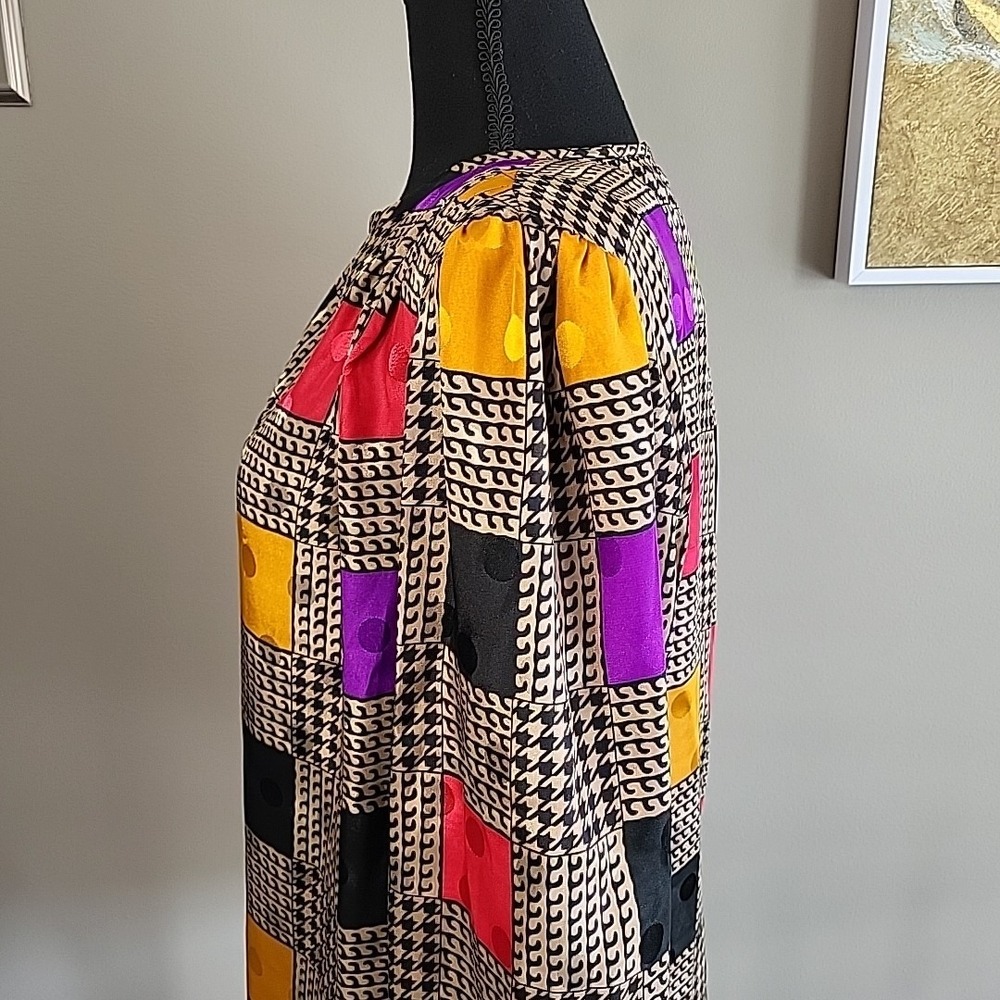 POET by Nicola Vintage 80's Bold Colorblock Retro Geometric Silky Blouse Size 12 - Picture 3 of 12